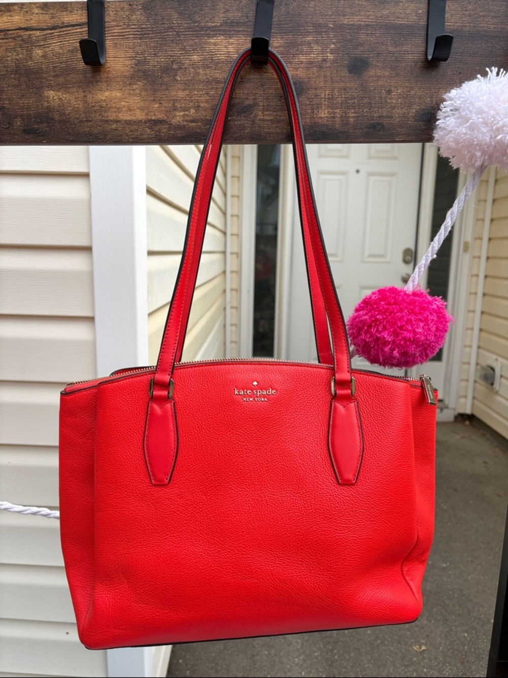 kate spade bright coral Pebbled Leather Tote with Dual Straps